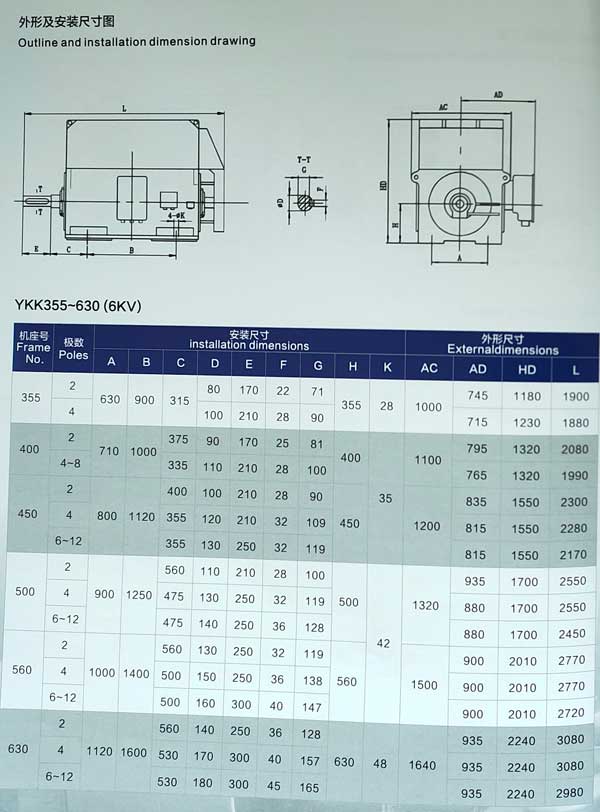 YKK系列6KV高壓電機安裝尺寸表